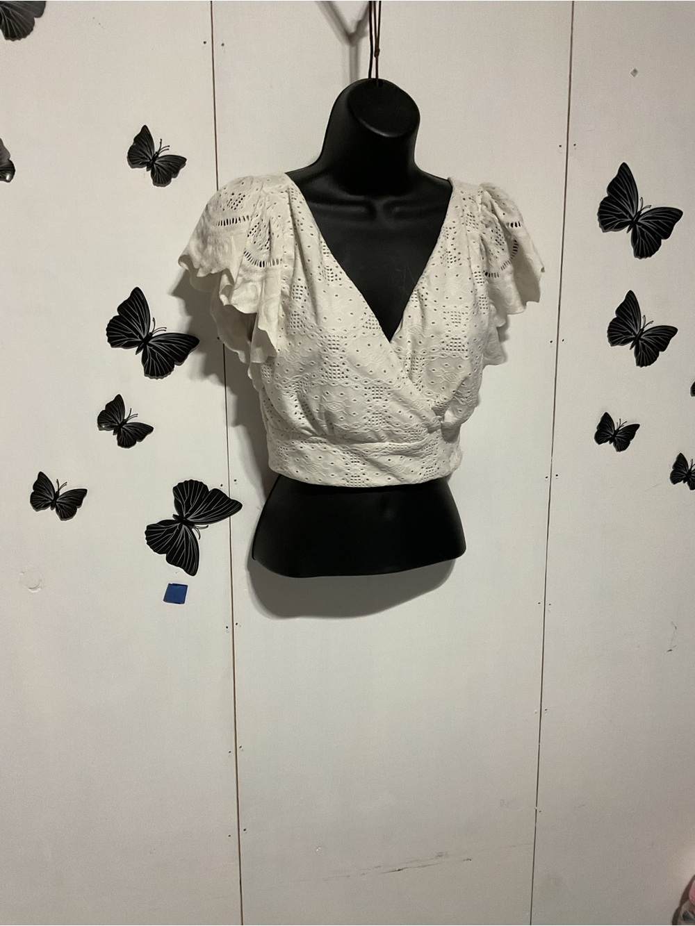 URBAN Romantics White Eyelet Wrap Crop Top with Ruffled Flutter Sleeves
